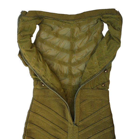 Olive Green Sleeveless Halter Mesh Ribbed Bodycon Bronze Studded Dress Sz Small - Picture 6 of 7